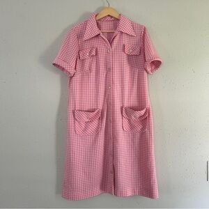 Pink Gingham Button-Up Dress Retro Vintage Casual Summer Stretch 14